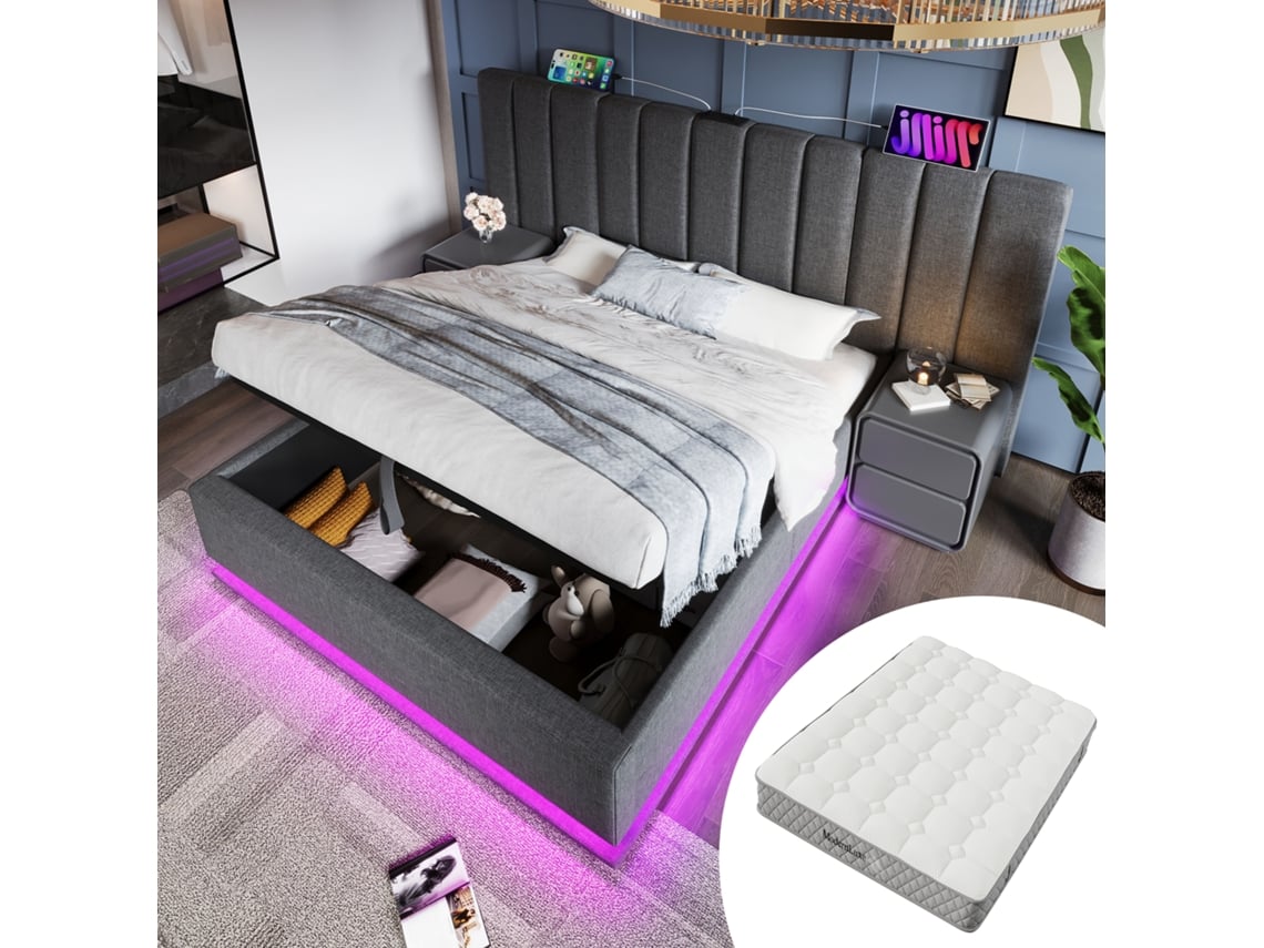 Cama De Terciopelo Gris De 180x200 Cm Con Iluminación Led Inteligente, Conexión Usb-c Y Almacenamiento Moderno.