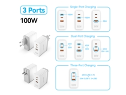 Cargador USB-C Gan de 100 W, QC 4.0/3.0, para iPhone 14/13/12/11 Pro Max, MacBook, Tablet, 3 en 1, Blanco