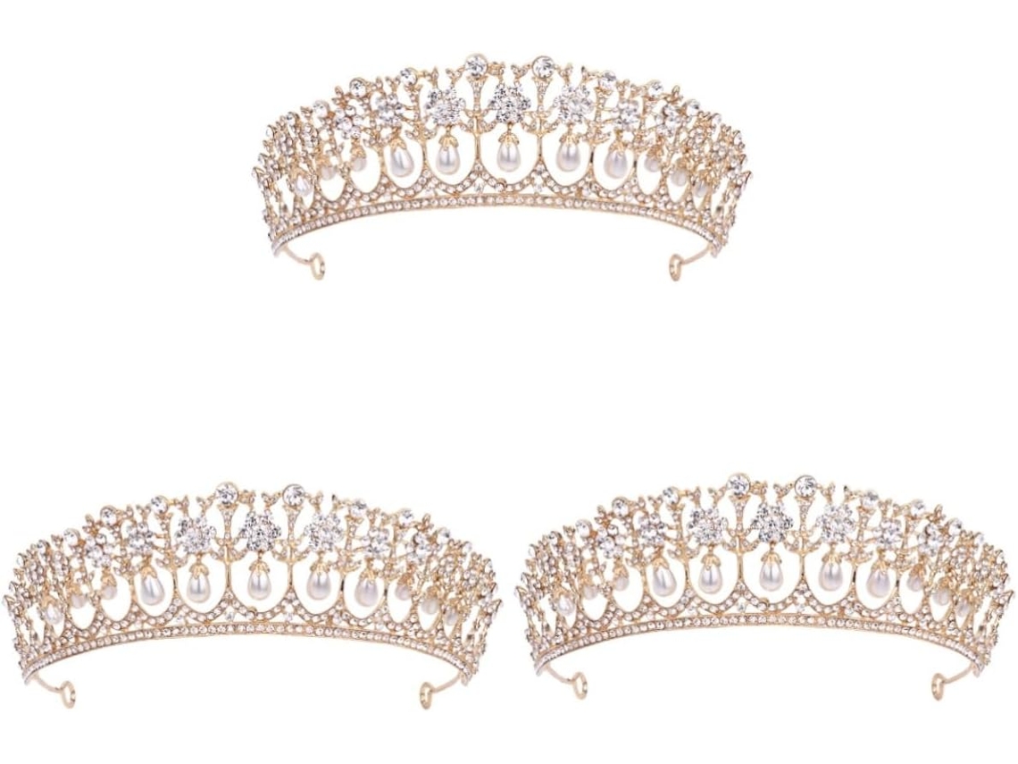 Coroa Dourada De 3 Peças Com Strass, Acessório De Casamento, Tiara De Festa, Elegante Para Fotos E