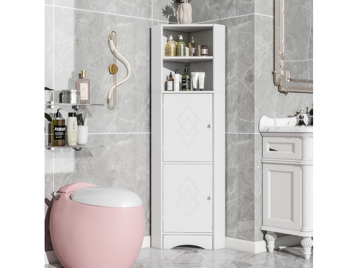 Columna de baño de esquina con 2 compartimentos abiertos y 2 puertas, estantes ajustables, Mobrio blanco