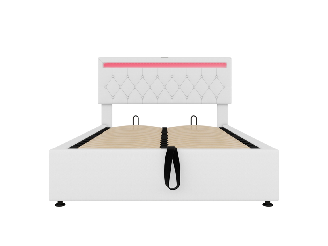 Cama contenedor de lino de 140 x 200 cm con LED y tomas USB en la cama, con base, color blanco