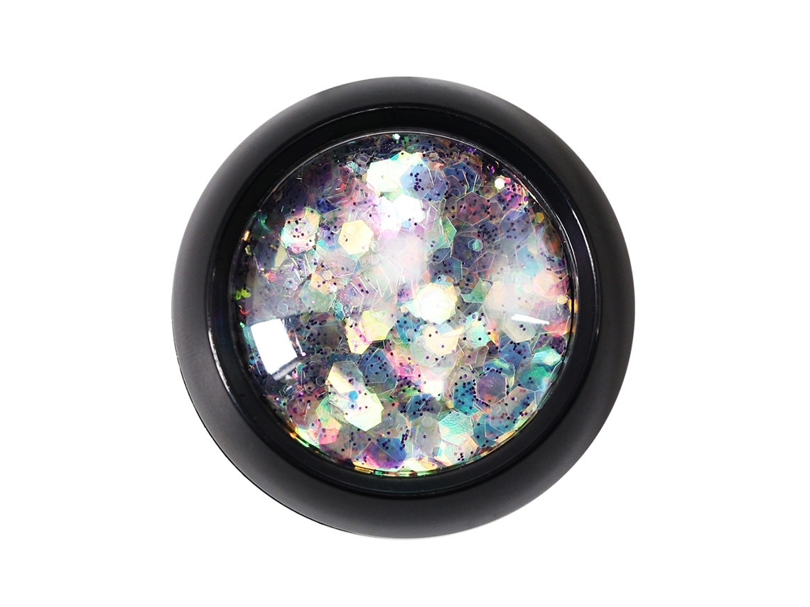 Decoración artística de uñas con estrellas hexagonales, purpurina morada y secuencias irregulares para manicura.