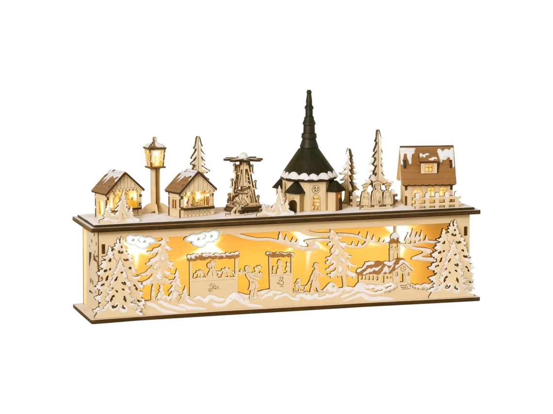 Decoración navideña, aldea navideña, 10 LED, luz blanca cálida, 45 x 10 x 25 cm, decoración de madera