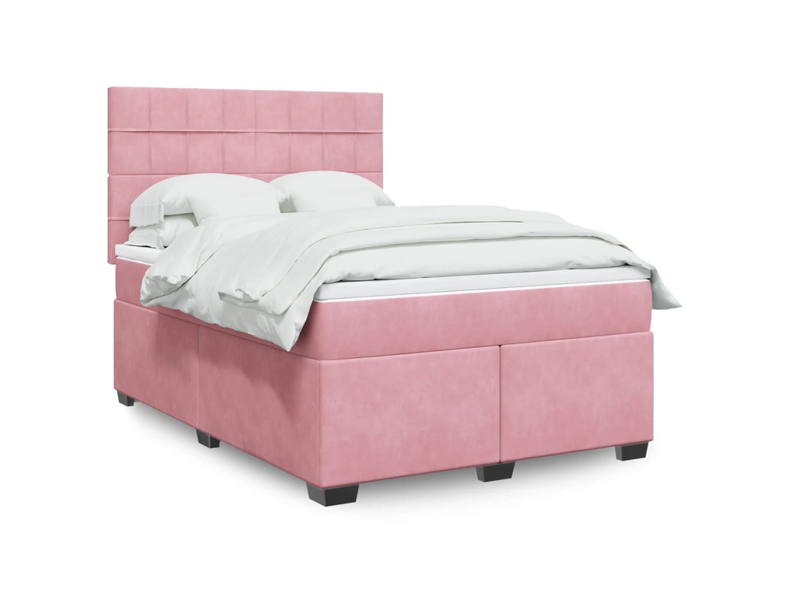Cama Box Spring Con Colchón Terciopelo Rosa 140x200 Cm