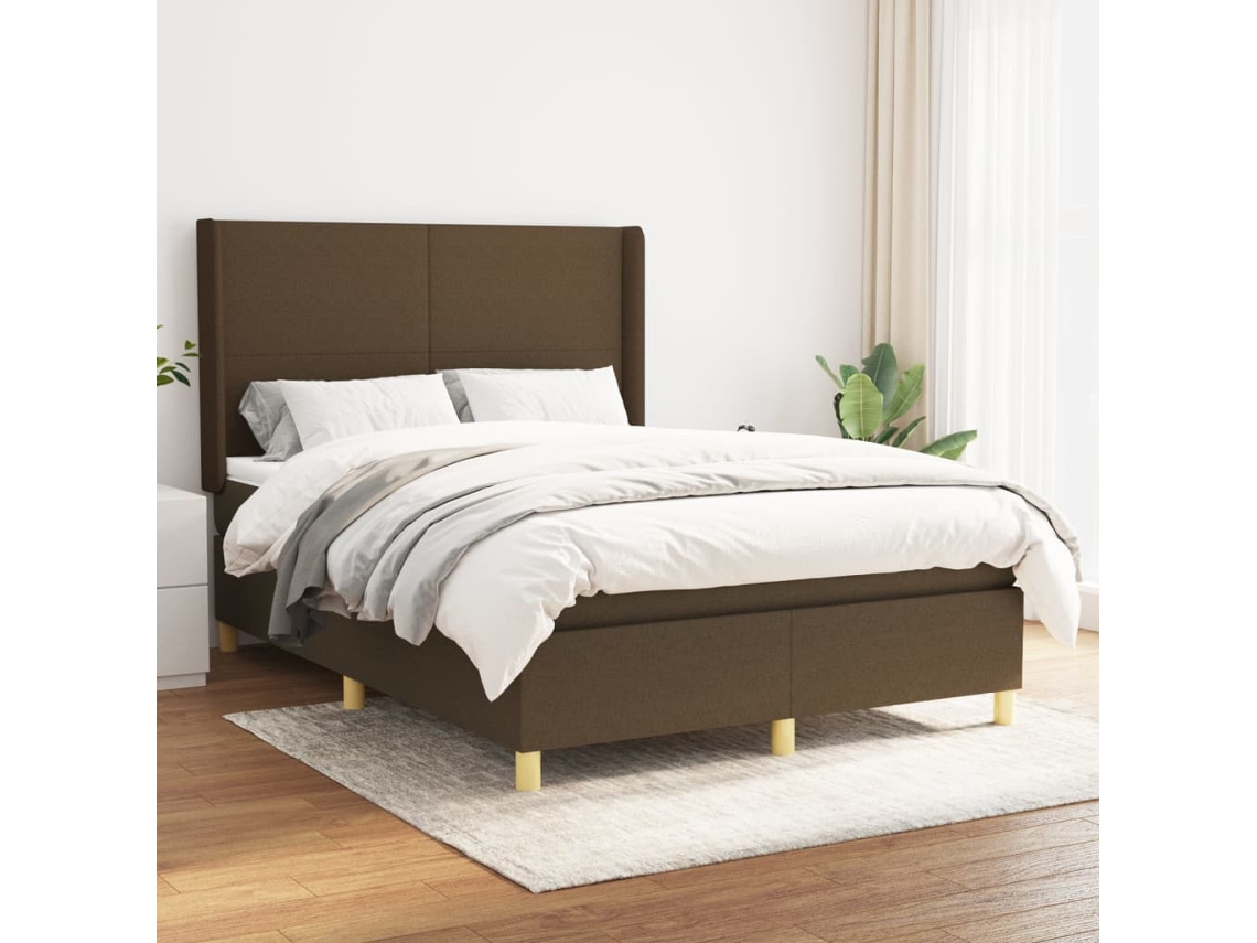 Cama Box Spring Con Colchón Tela Marrón Oscuro 140x190 Cm