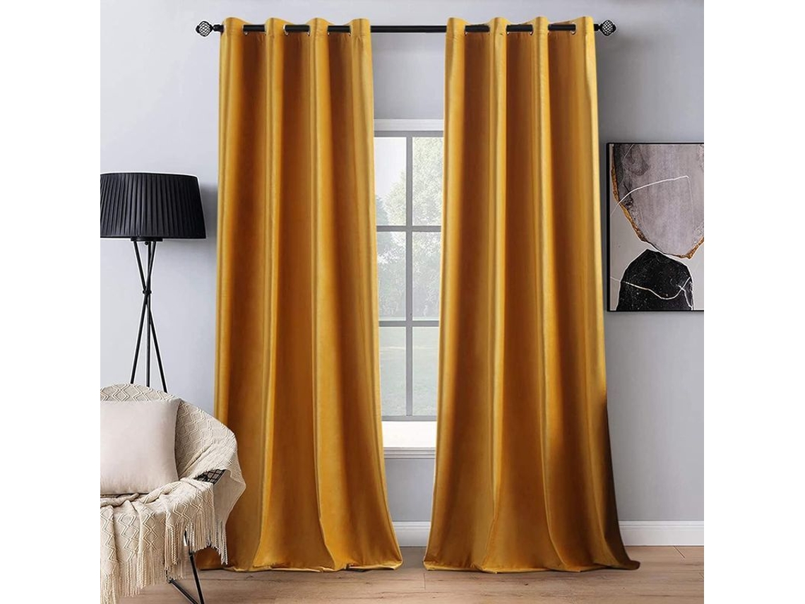 Persianas De Terciopelo Amarillo Mostaza Con Cuello, 2 Paneles, Opacas, Para Sala De Estar Y Dormitorio - Otoño