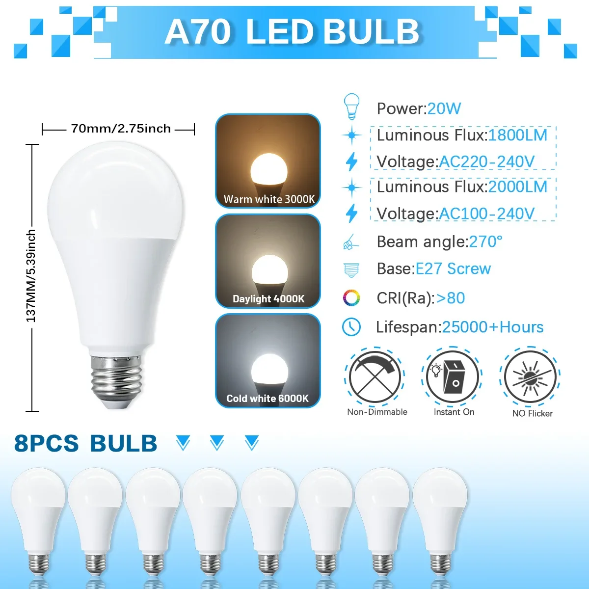 (8pcs, Luz Blanca Cálida 3000k) Bombilla A70 Led, Sin Estroboscópio, Índice De Reproducción De Color Cri80+, Ideal Para Dormitorio, Vestíbulo, Etc.