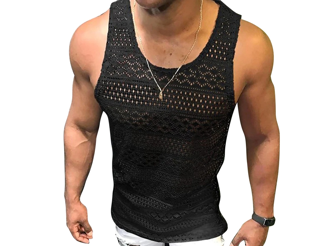 Camisa De Hombre Sin Mangas De Encaje Con Agujeros, Cuello Redondo, Transpirable, Elegante Chaleco Negro (grande)