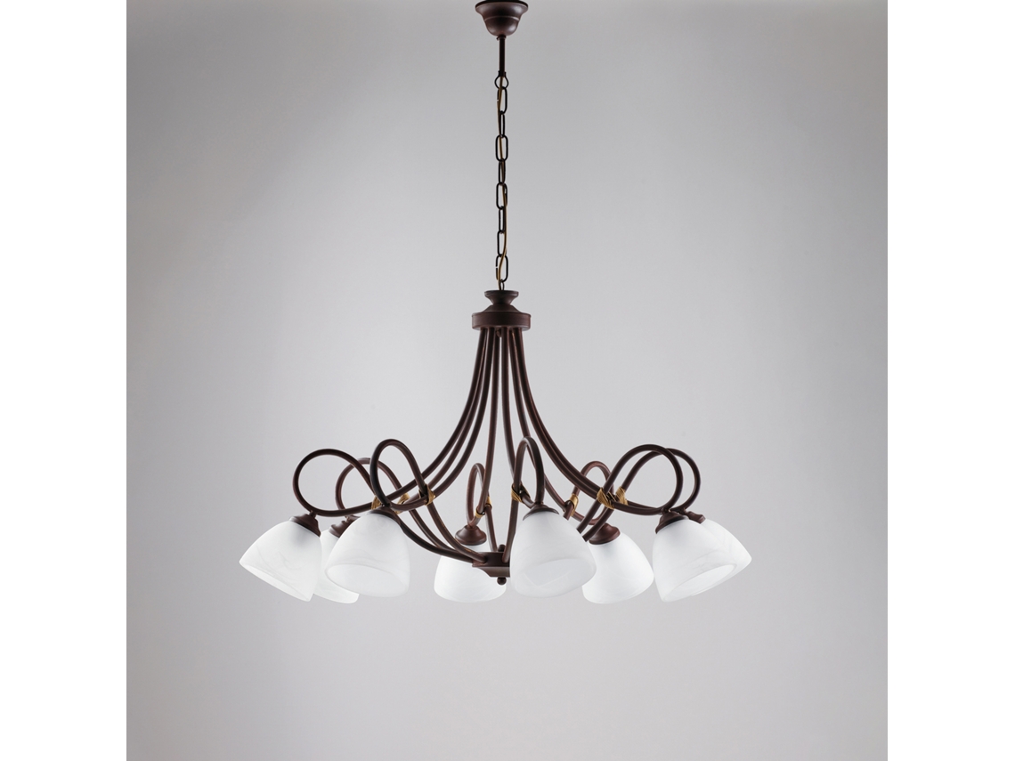 Lámpara de araña Dallas de hierro lacado en negro con efecto óxido Deco y acabado dorado antiguo con difusores de cristal D. 13 Alabastro blanco 8 luces Belight
