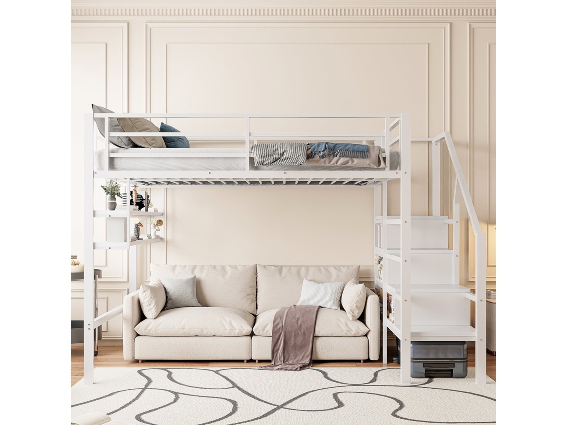 Cama Mezzanine 140x200cm, Estanterías, Escalera Con Almacenaje, Espacio Bajo Cama, Barandilla, Capacidad 150kg, Sin Colchón, Blanco