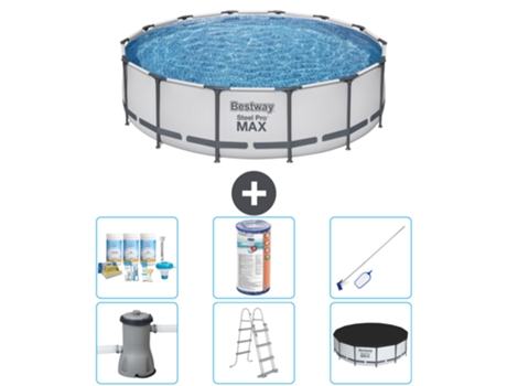 Piscina BESTWAY Round Steel Pro MAX - 427 x 107 cm - Gris - Bomba incluida - Escalera - Cobertor Paquete de mantenimiento - Filtrar - kit de limpieza