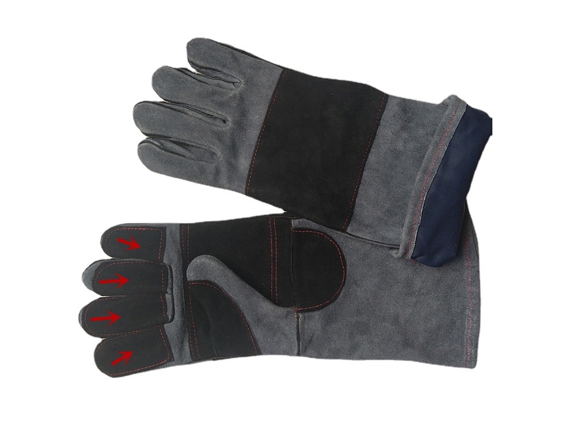 Un Par De Guantes Resistentes Al Calor, De Color Gris Oscuro, Que Cubren Todos Los Dedos Y Cuentan Con Soporte Para La Palma.