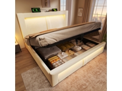 Cama De Terciopelo Beige De 160x200 Cm, Aplicación Led, Usb C, Cabecero Curvo, Almacenamiento Hidráulico.