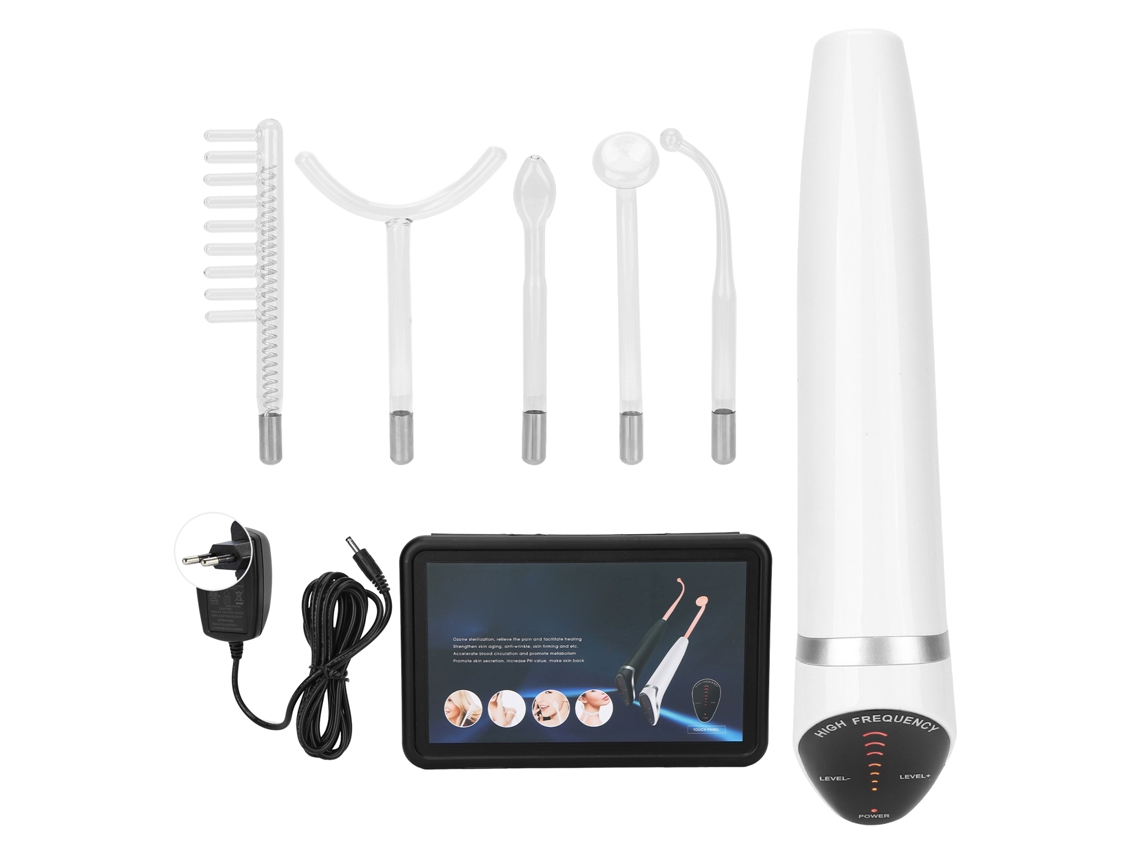 Máquina de masaje facial de alta frecuencia para reducir las líneas de expresión y mejorar el tono de la piel.