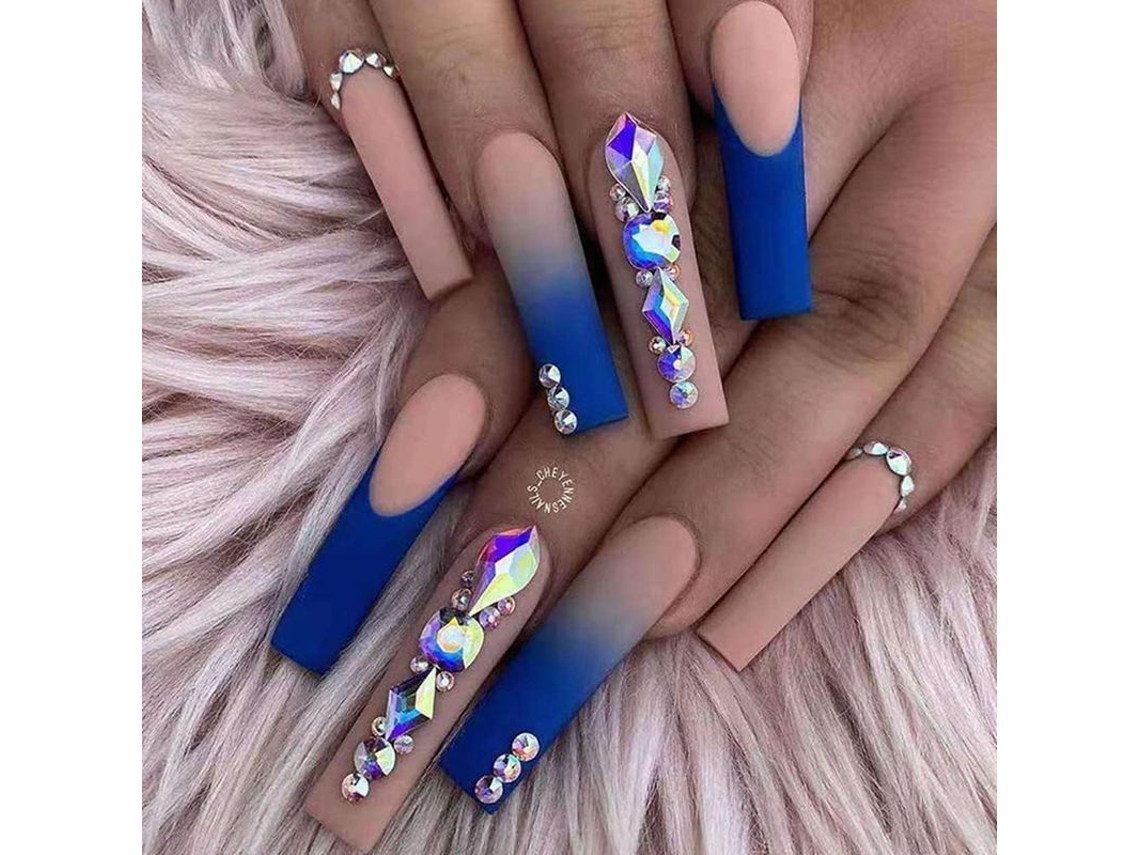 Uñas Postizas Azul Oscuro Con Diamantes De Esmalte, Forma Trapezoidal Larga, Uyt, 24 Piezas.