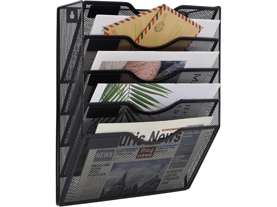 Portadocumentos de pared de 5 niveles, organizador de correo, revistero metálico, negro