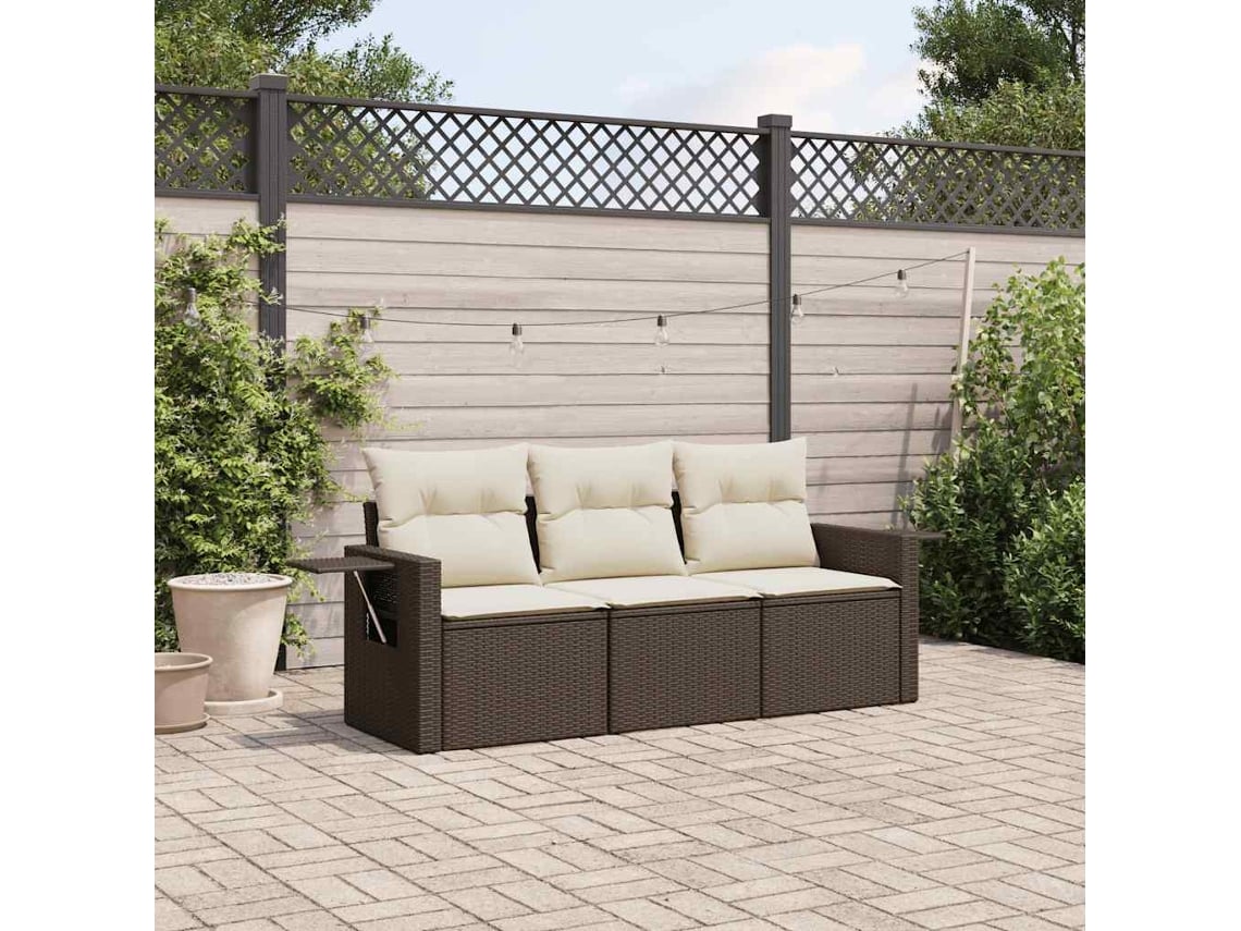3 Pcs Conjunto Sofás De Jardím Com Almofadões Vime Pe Castanho Dkd Home Decor
