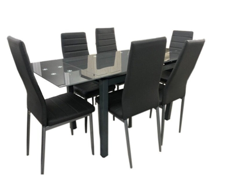 Mesa de Cristal Extensible 170cm 6 Sillas Polipiel, Gris SALDOSYSTOCKS
