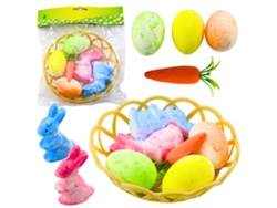 Adornos de Pascua en una cesta con conejitos, huevos y zanahorias (6 unidades)