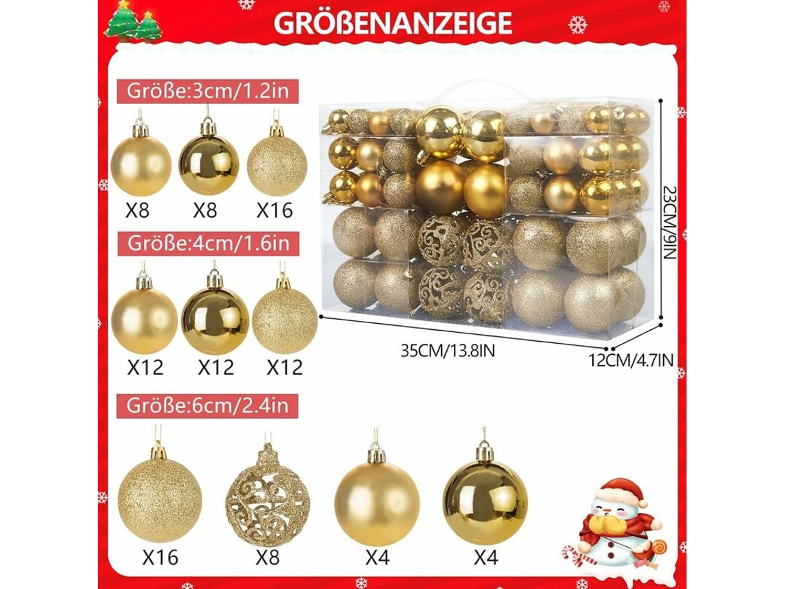Lote de 100 bolas navideñas doradas, adornos brillantes y opacos, tamaños 3, 4 y 6 cm RNEMITERY