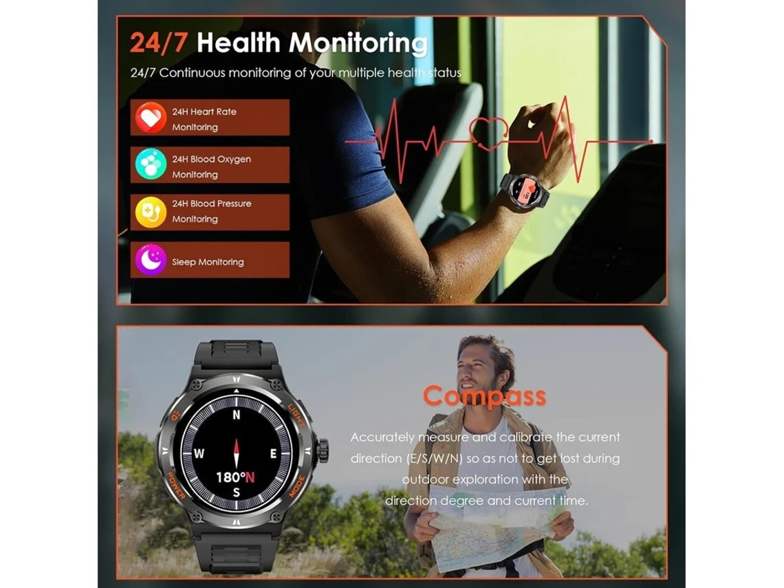 Smartwatches tácticos resistentes para hombre de 1.53" con luz LED potente, 3 modos de linterna, 500 mAh, resistente al agua, rastreador de 3 ATM, Bestvite