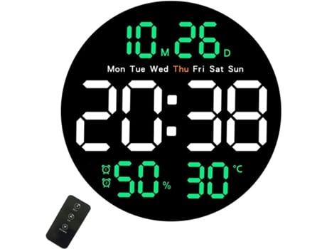 Reloj de Pared o Mesa Digital LED, Pantalla Redonda de 10 Pulgadas, indicador de Temperatura y Humedad, con Mando a Distancia COSHANO