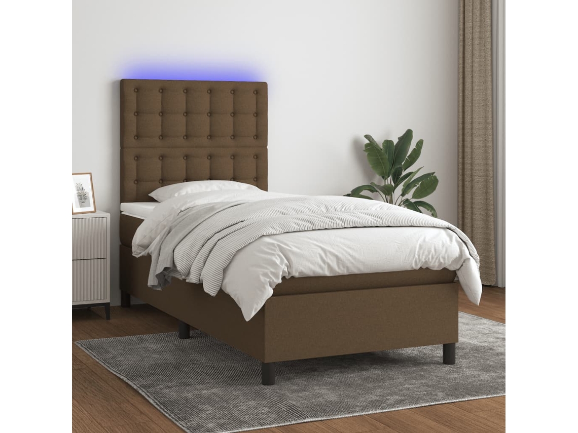 Cama Box Spring Colchón Luces Led Tela Marrón Oscuro 100x200cm