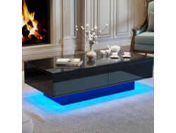 Mesa de centro LED negra de 115x55x34 cm, 2 cajones, capacidad de 30 kg, elegante y moderna para salón.
