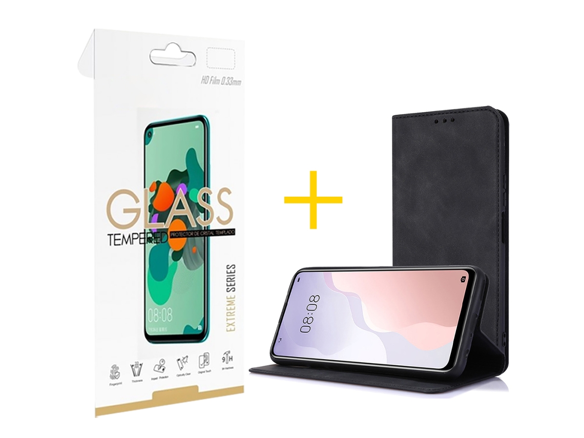Pack 1 X Película de Vidrio Templado 2.5D + Funda SKYHE por Oppo A78 Flip Cover PRM Negro