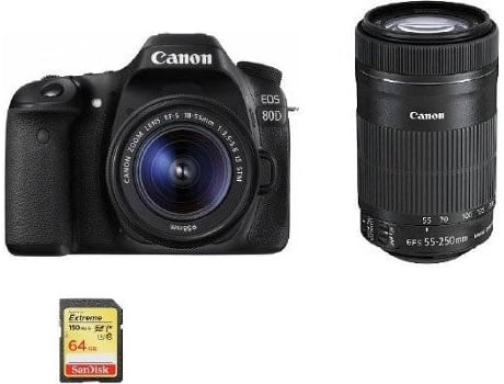 Cámara Reflex CANON EOS 80D + Objectivo EF-S 18-55MM F3.5-5.6 IS STM + Objectivo EF-S 55-250MM F4-5.6 IS STM + Tarjeta SD 64GB (APS-C)