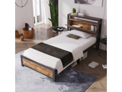 Cama Metálica De 90x200 Cm Con Cabecero Industrial Negro Y Espacio De Almacenamiento.