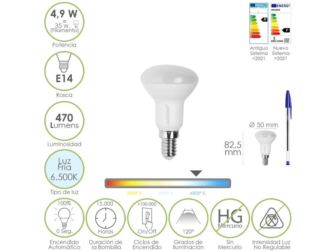 Bombilla led reflectante rosca e14. 4,9 watt. equivale a 35 watt. 470 lumenes. luz fria (6500  k.)