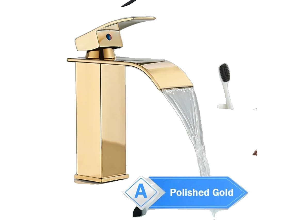 Grifo de baño con diseño de cascada y una sola manija, dorado pulido MMW