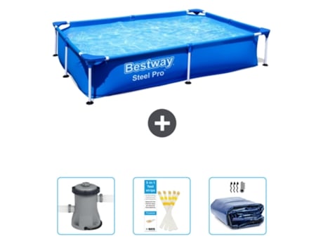 Piscina BESTWAY Rectangular Steel Pro - 221 x 150 x 43 cm - Azul - Incluida Bomba - Tiras de prueba - Vela solar