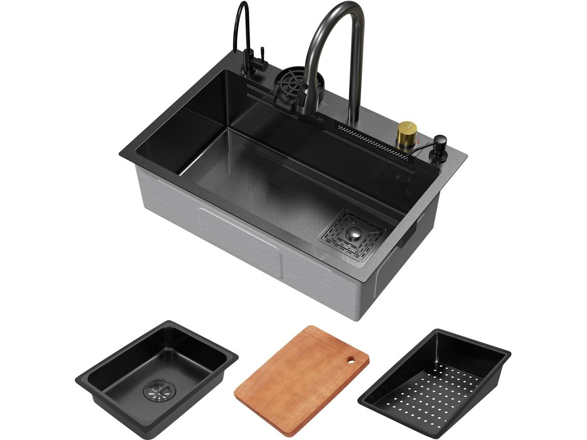 Fregadero de cocina 68x46 cm lavabo rectangular antracita acero con accesorios ML-DESIGN