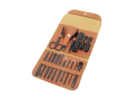 Kit De Manicura Y Pedicura De Acero Inoxidable De 16 Piezas, Herramientas De Aseo Masculino Con Estuche Portátil De Cuero Marrón.