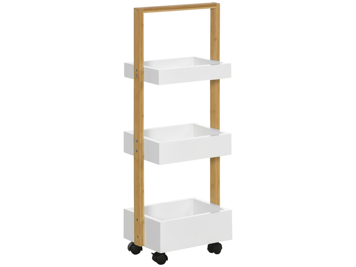 Carrito De Baño De Bambú Con Ruedas, 3 Cestas, Blanco, 28x18x75