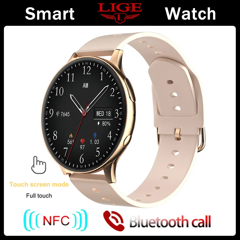 Reloj inteligente (rosa), compatible con grabación, NFC, respuesta de llamadas por Bluetooth, resistente al agua.