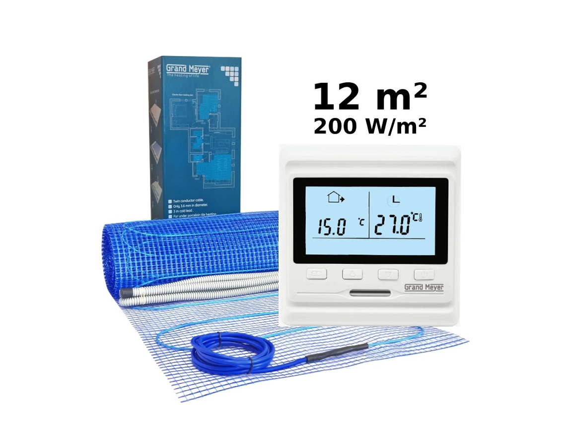 Kit de calefacción eléctrica por suelo radiante de 12 m², 200 W/m², termostato programable Grand Meyer HW500.