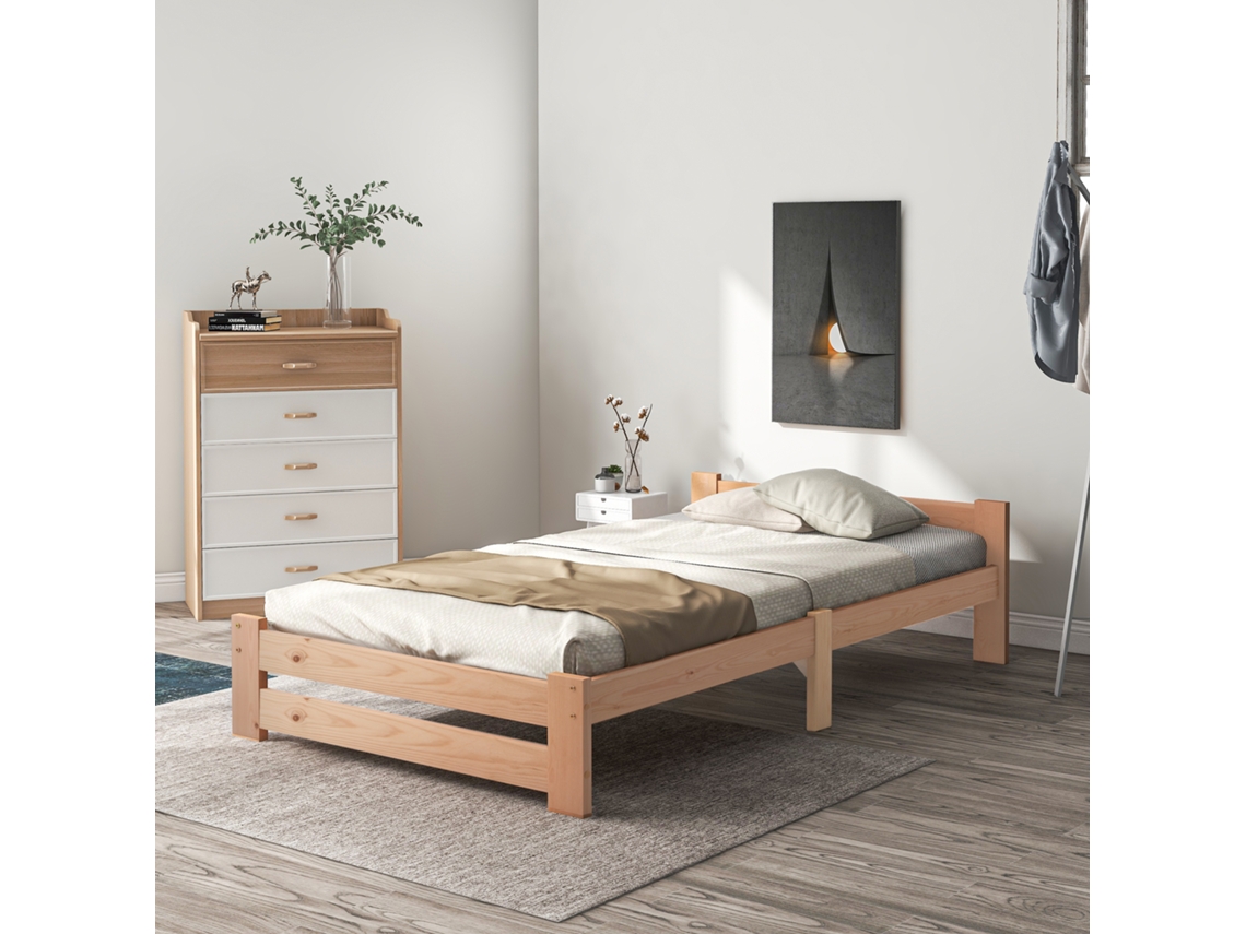 Cama Individual De Madera Maciza 90x200cm Con Cabecero Y Somier - Natural