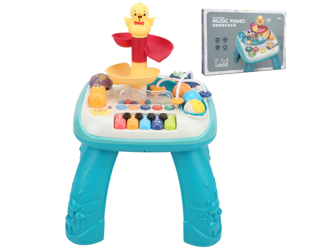 Mesa de aprendizaje musical para bebés (modelo 2026) con bola giratoria, sonidos de animales y 5 botones.