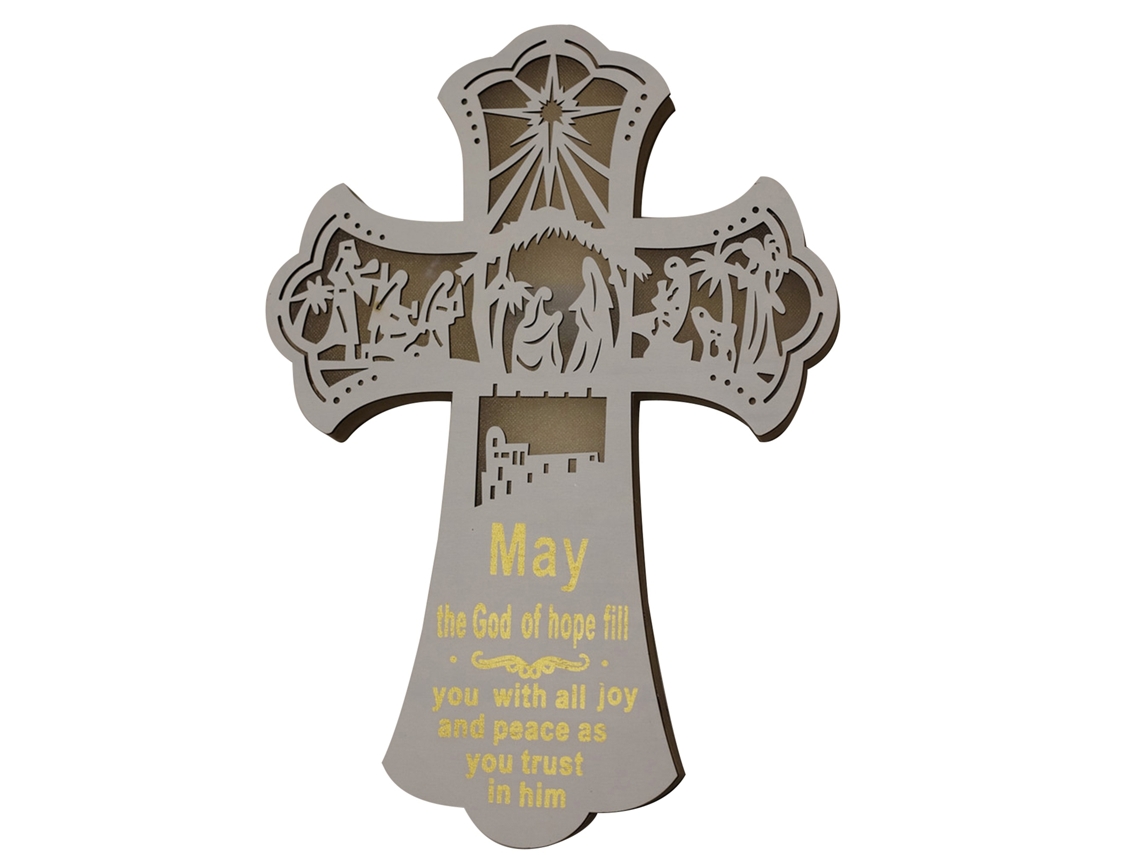 Adorno De Cruz De Madera Iluminada Con Calado, Decorativo Para Pascua Y Navidad, Colgante, 36,5 X 25,5 Cm.