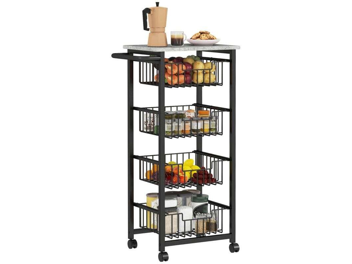 Carrito De Cocina De 4 Niveles, Carrito De Servicio Con Ruedas, Encimera, Estructura De Acero, 49,5 X 31 X 91 Cm, Gris Claro