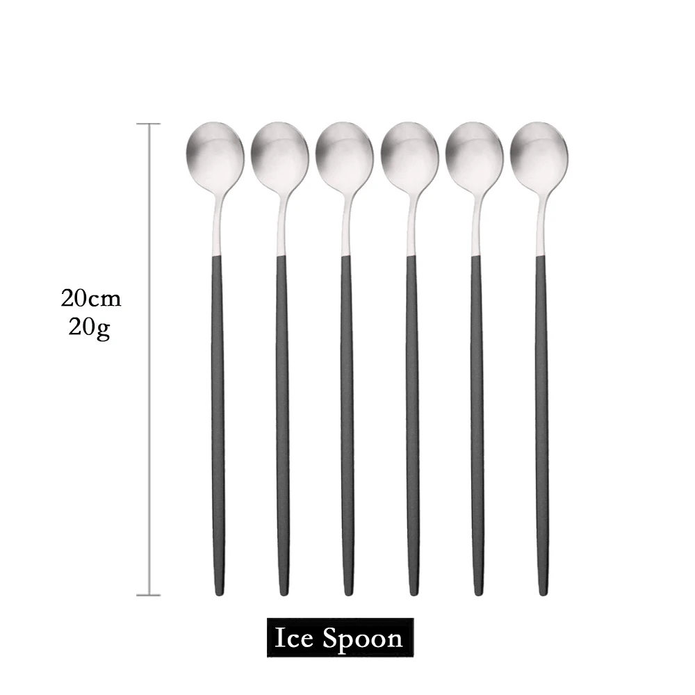(negro Y Plateado, 6 Piezas) Cucharas De Mango Largo Mate Para Remover Bebidas, Cubiertos De Acero Inoxidable