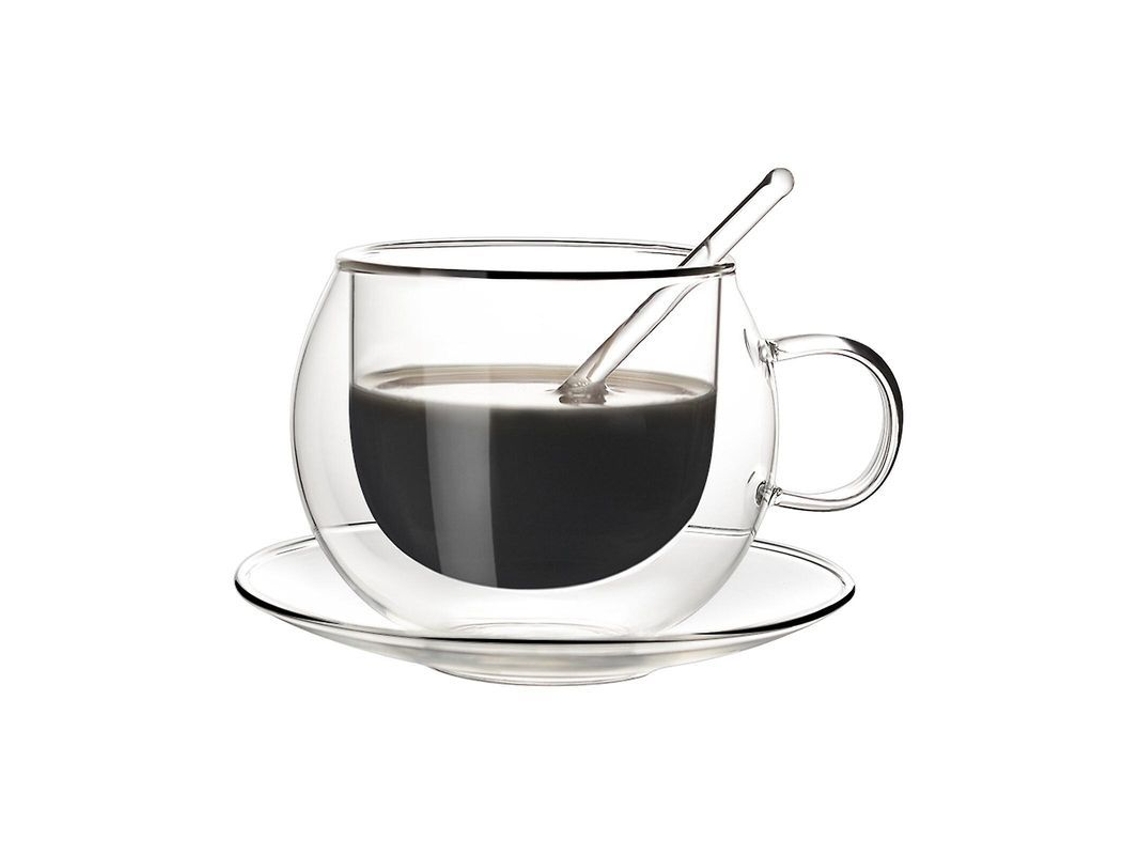 Taza De Vidrio De Doble Pared, 250 Ml, Resistente Al Calor, Con Cuchara Y Platillo.