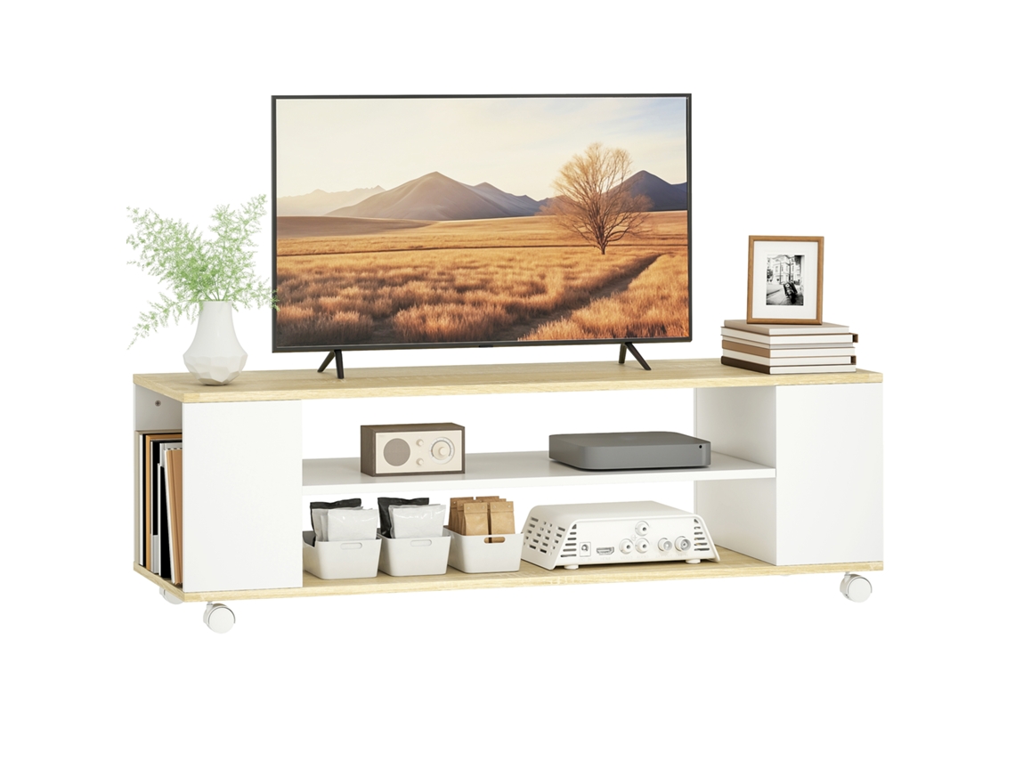 Soporte Flotante Para Tv Con Ruedas, 2 Estantes, 120x40x38,5 Cm, Blanco.