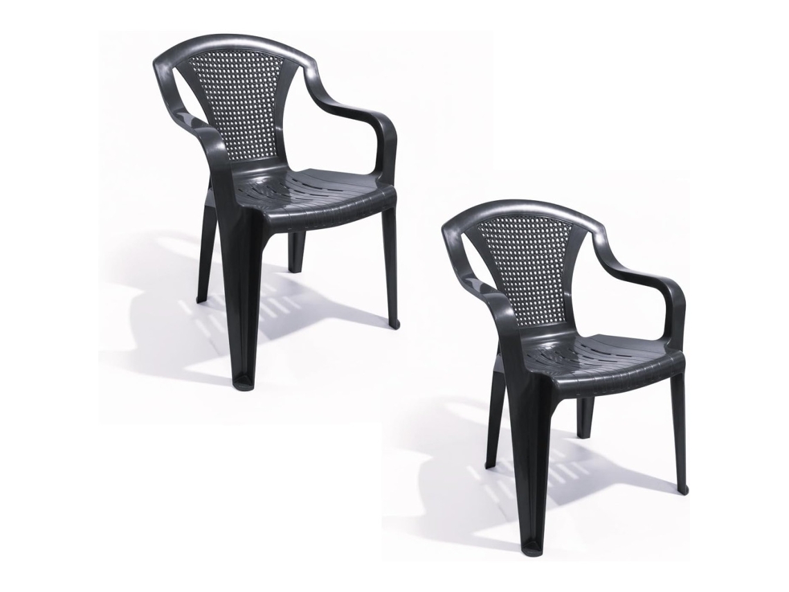 Juego de sillas de plástico apilables para terraza, jardín, patio, playa, camping y exteriores (2 unidades en gris antracita).