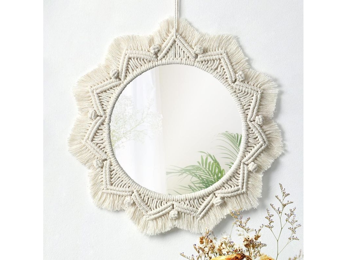 Espejo De Pared Estilo Bohemio Con Flecos De Macramé, Redondo Decorativo, Para Sala De Estar Y Dormitorio, 33 Cm (13 Pulgadas)