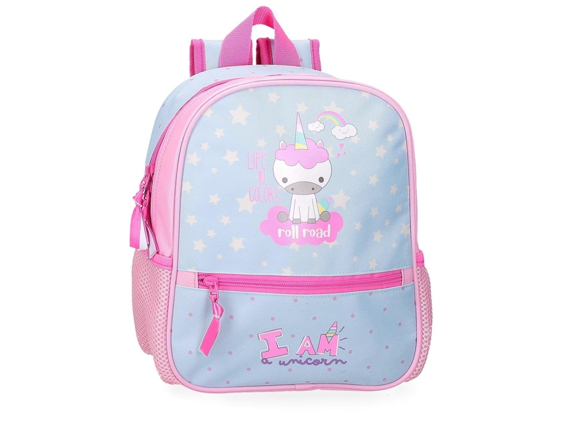Mochila escolar enrollable de poliéster azul claro con la frase "I Am A Unicorn"
