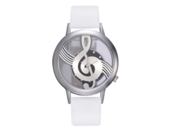 Reloj Unisex De Moda Con Forma De Nota Musical Y Correa De Piel Sintética Blanca.